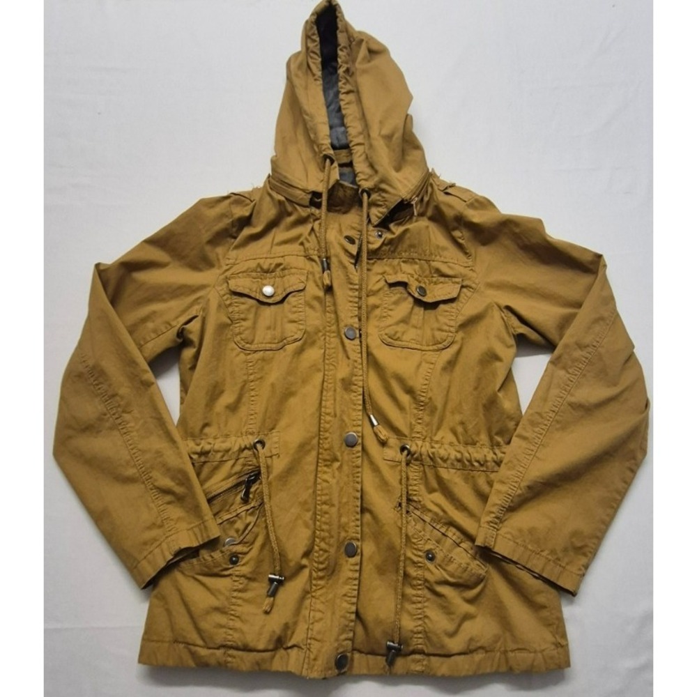 Snobbish women's yellow‎ hooded utility jacket button/zip up, cinch waist sz M